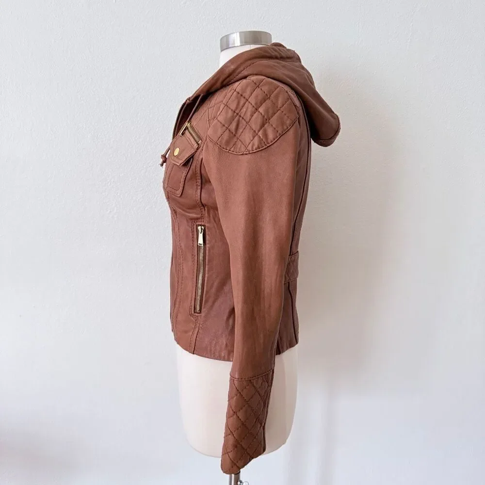 Michael Michael Kors Women's Size Small Quilted Moto Jacket Brown Soft Leather